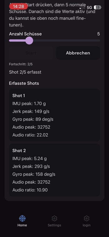 ShotCounter App: Kalibrierung – jeder Schuss mit IMU-, Gyro- und Audiowerten