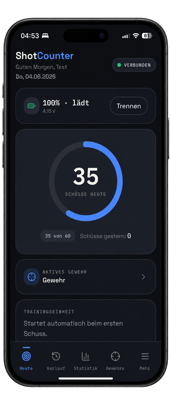 ShotCounter App – Heute-Ansicht mit Schusszähler, aktivem Gewehr und laufender Trainingseinheit