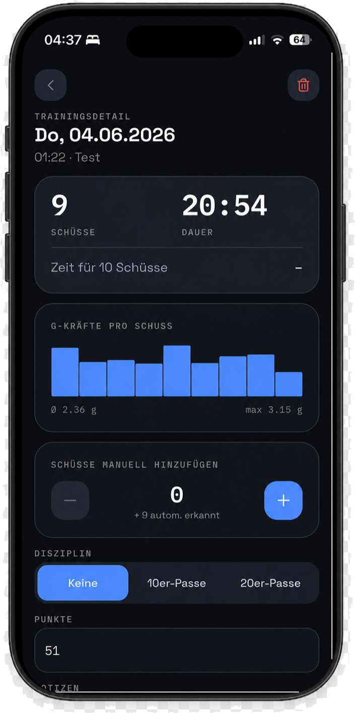 ShotCounter App – Trainingsdetail mit G-Kräften pro Schuss